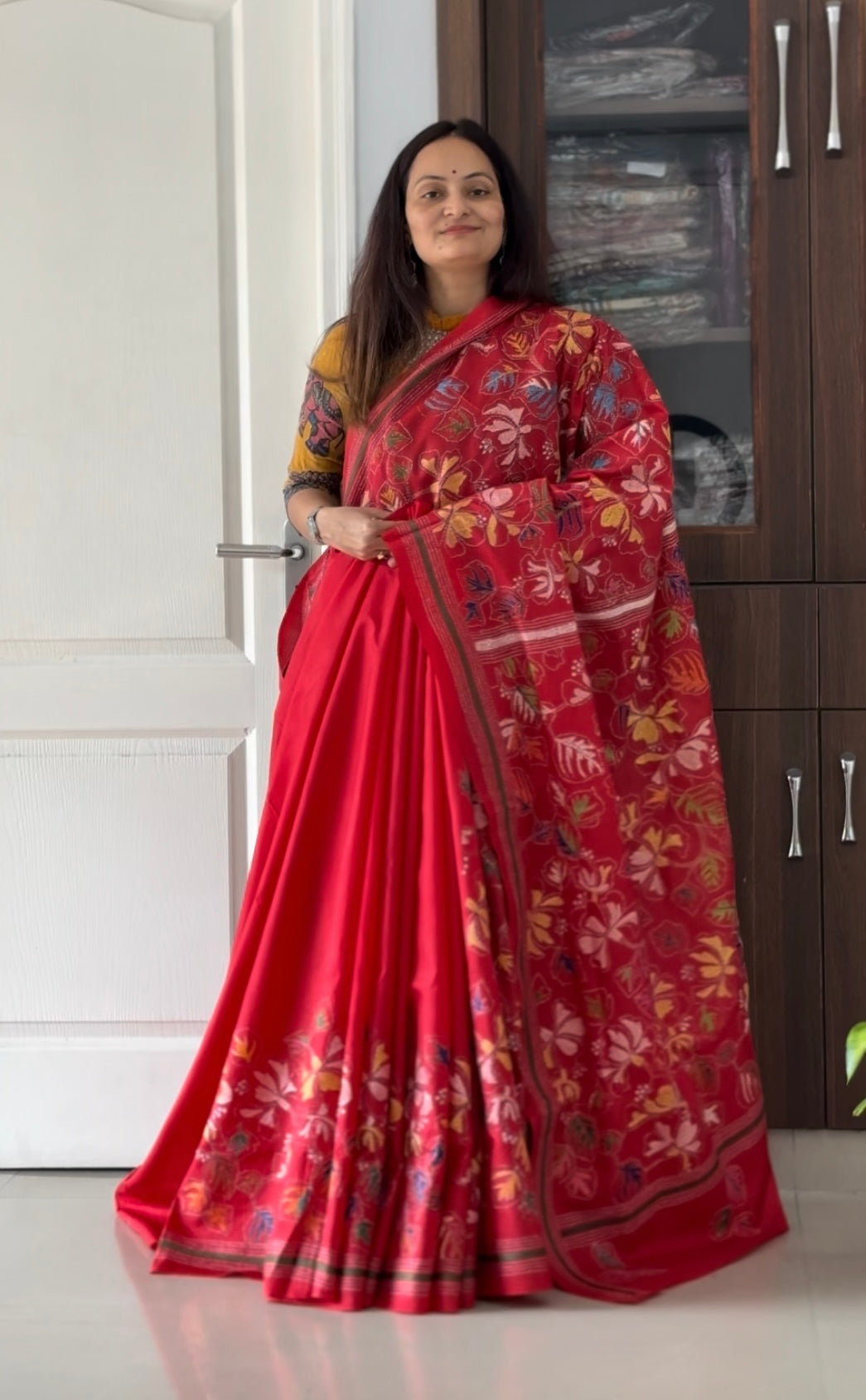 Kantha Stitch Hand Embroidered Pure Banglore Silk Saree (Silk Marked)