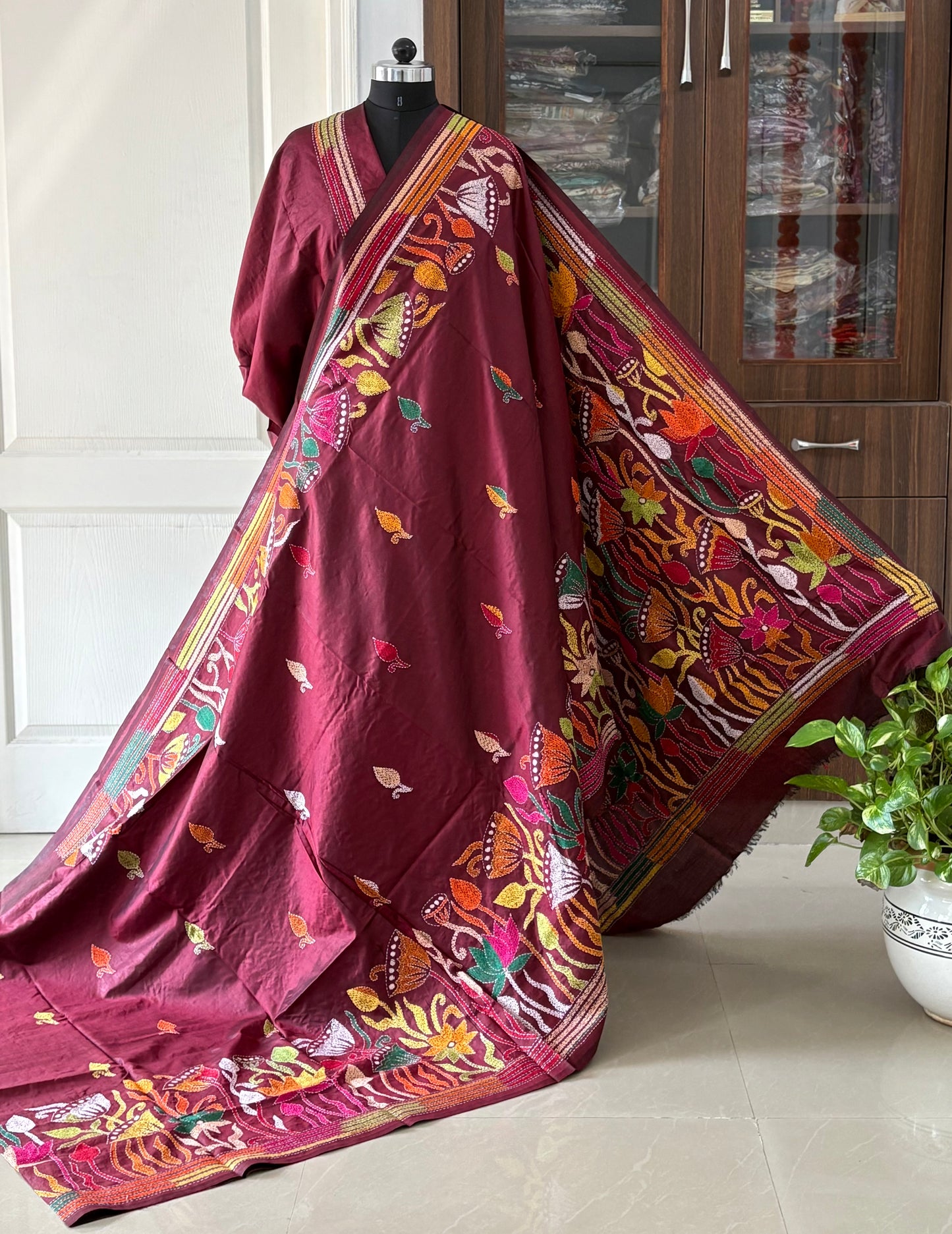 Kantha Stitch Hand Embroidered Pure Banglore Silk Saree (Silk Marked)