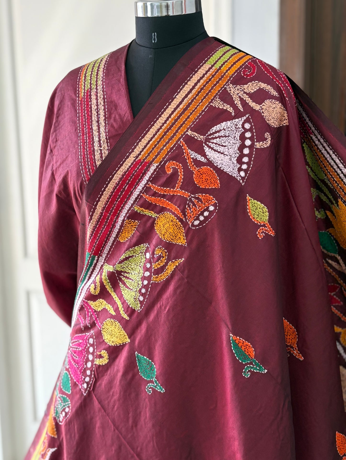 Kantha Stitch Hand Embroidered Pure Banglore Silk Saree (Silk Marked)