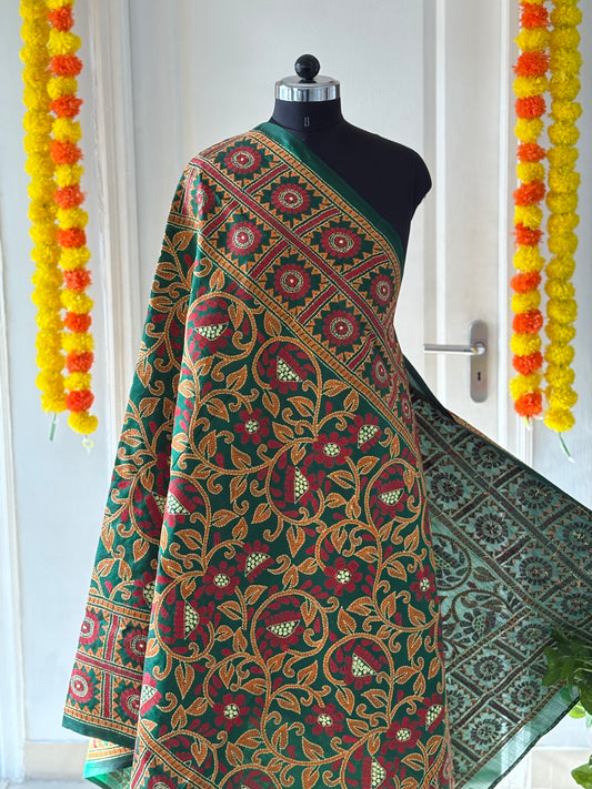 Kantha Hand Embroidary Full Work Pure Banglore Silk Dupatta. (With Silk Mark)