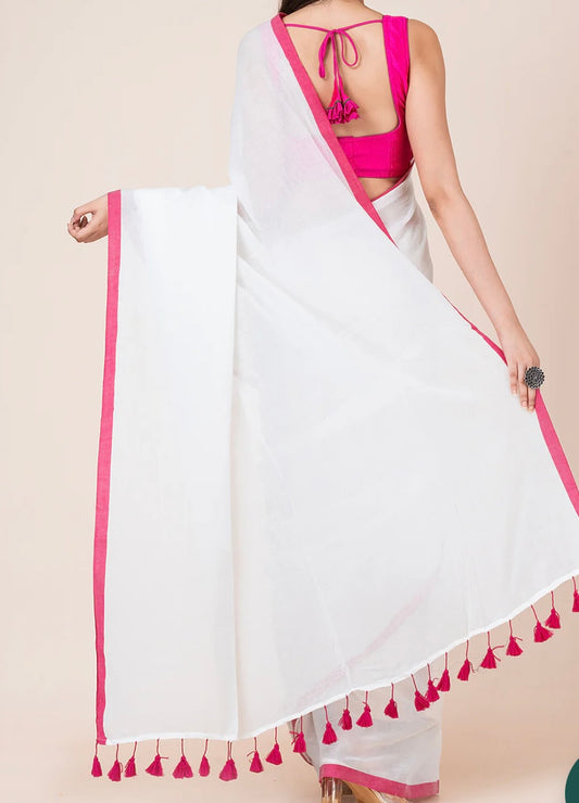 Plain Mul Cotton Saree- White Pink