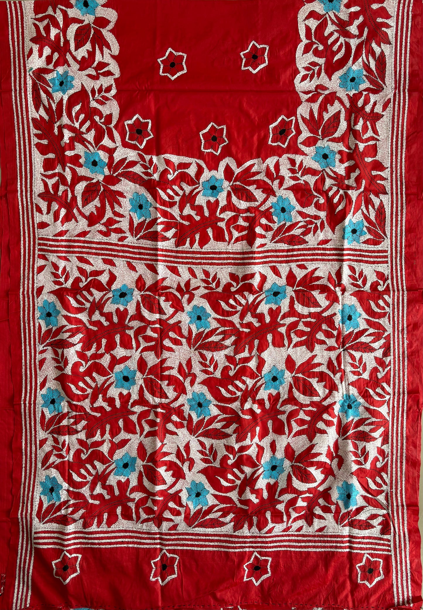 Red Kantha Hand Work Embroidered Art Silk Saree With Blouse