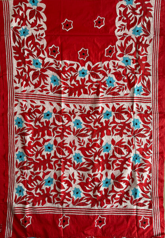 Red Kantha Hand Work Embroidered Art Silk Saree With Blouse