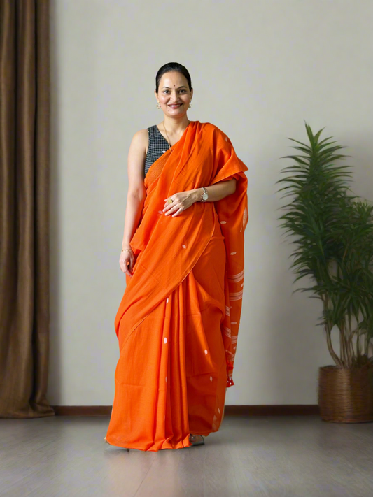 Handloom marked pure Mul Cotton Saree - saffron
