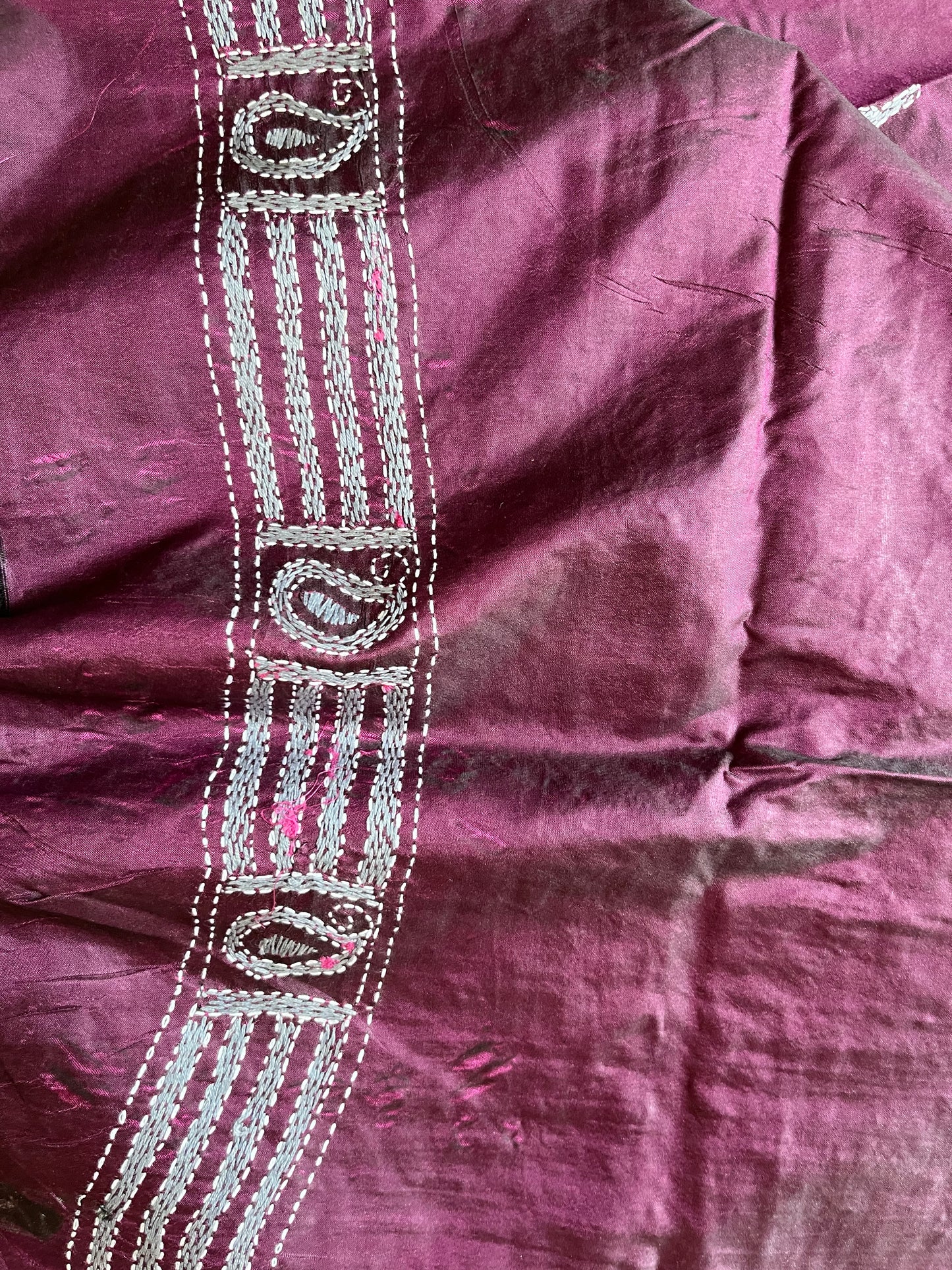 Beige Kantha Stitch Hand Embroidered Art Silk Saree With Blouse