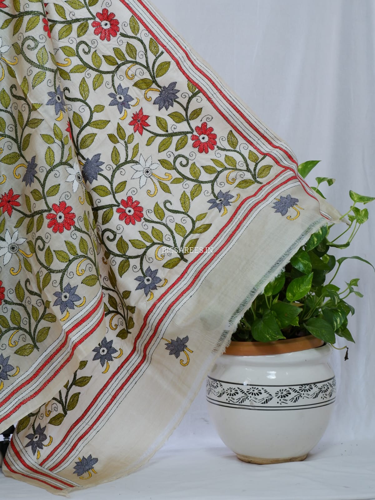 Kantha - Stitch Hand Embroidered Saree | Pure Gachi by Gachi Tussar Silk | Silk Mark Certified | Light Beige