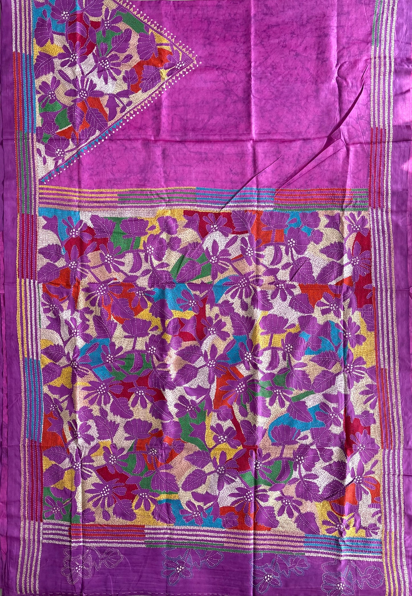 Reverse Kantha Hand Embroidered Blended Banglore Silk/Art Silk Saree With Blouse