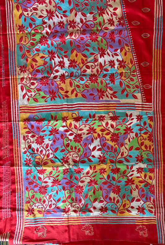 Kantha - Stitch Hand Embroidered Saree| Blended Bangalore Silk / Art Silk