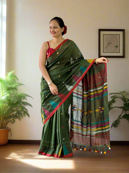 Pure Cotton handwoven Saree (Handloom Marked)- Green