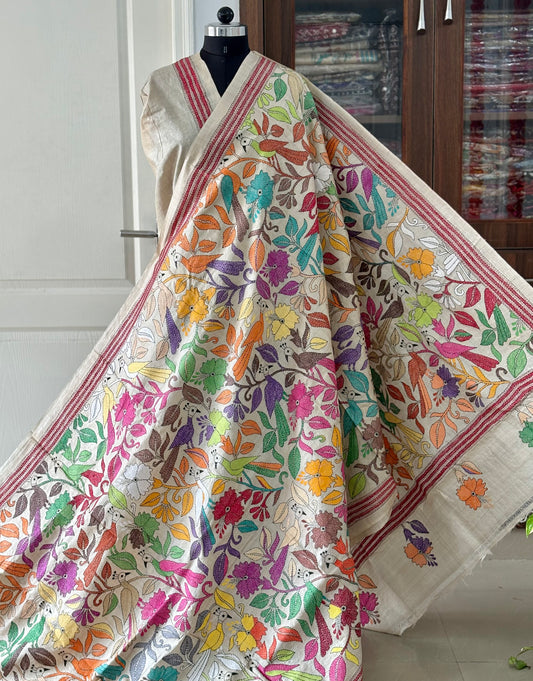Kantha Hand Embroidered Pure Gachi Tassar Silk Saree - Silk Marked