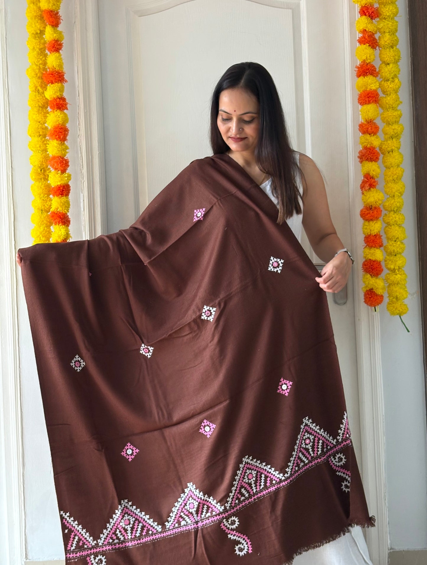 Gujrati Stitch Hand Embroidered Woollen Warm Shawl (brown)