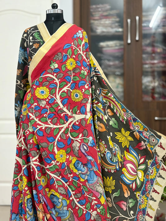 Pen Kalamkari hand painted pure cotton Saree with blouse