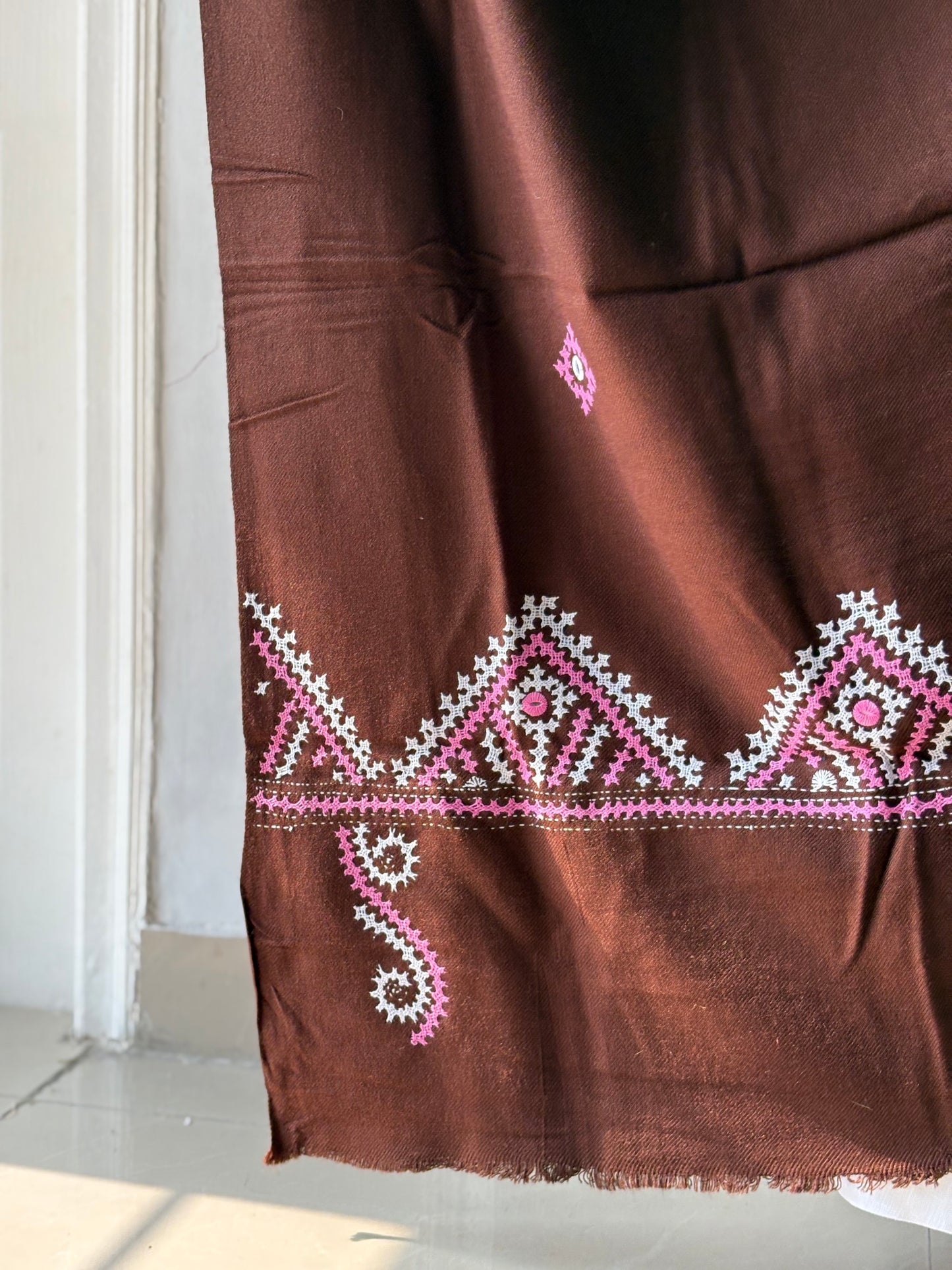 Gujrati Stitch Hand Embroidered Woollen Warm Shawl (brown)