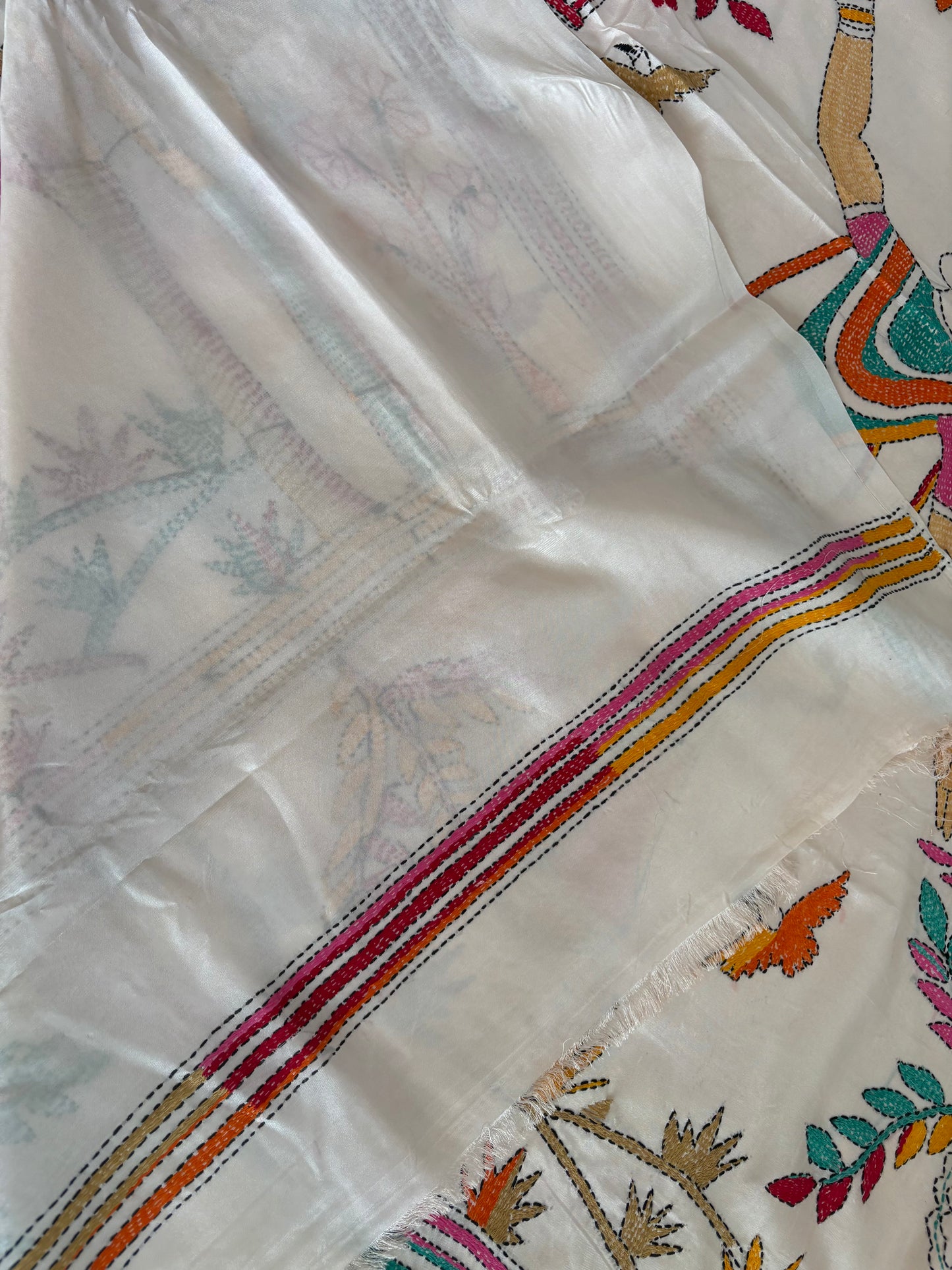 Kantha Hand Embroidered Blended Banglore Silk/Art Silk Saree With Blouse