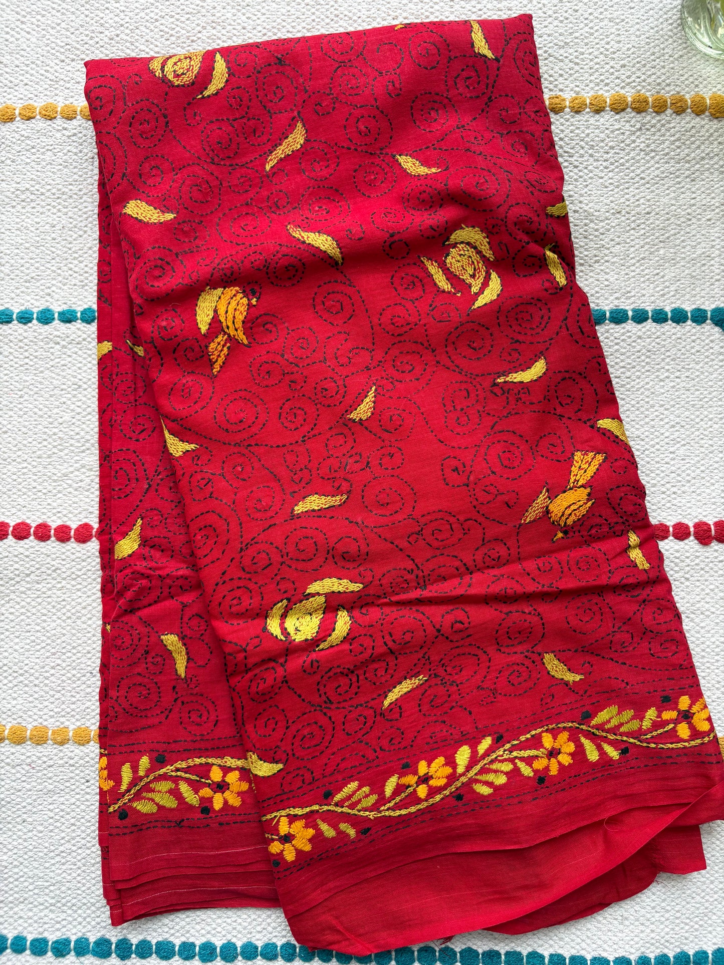 Kantha Hand-Embroidered Saree | Pure Mal Mal Cotton | Red