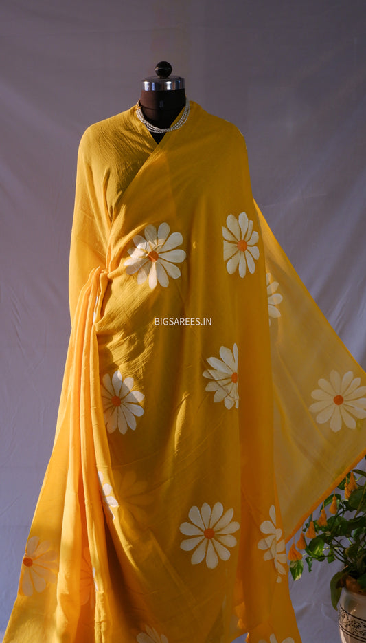 Hand Painted Mul Cotton Saree with Blouse | Yellow