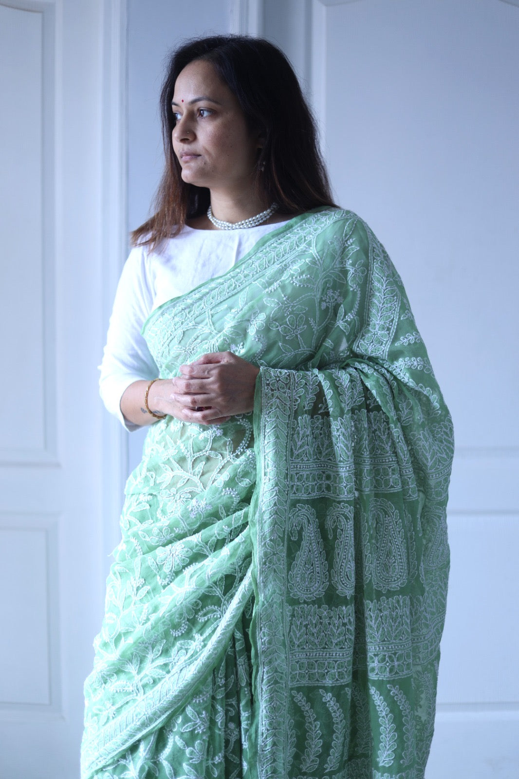 Green Georgette Chikankari Work Hand Embroidered Saree