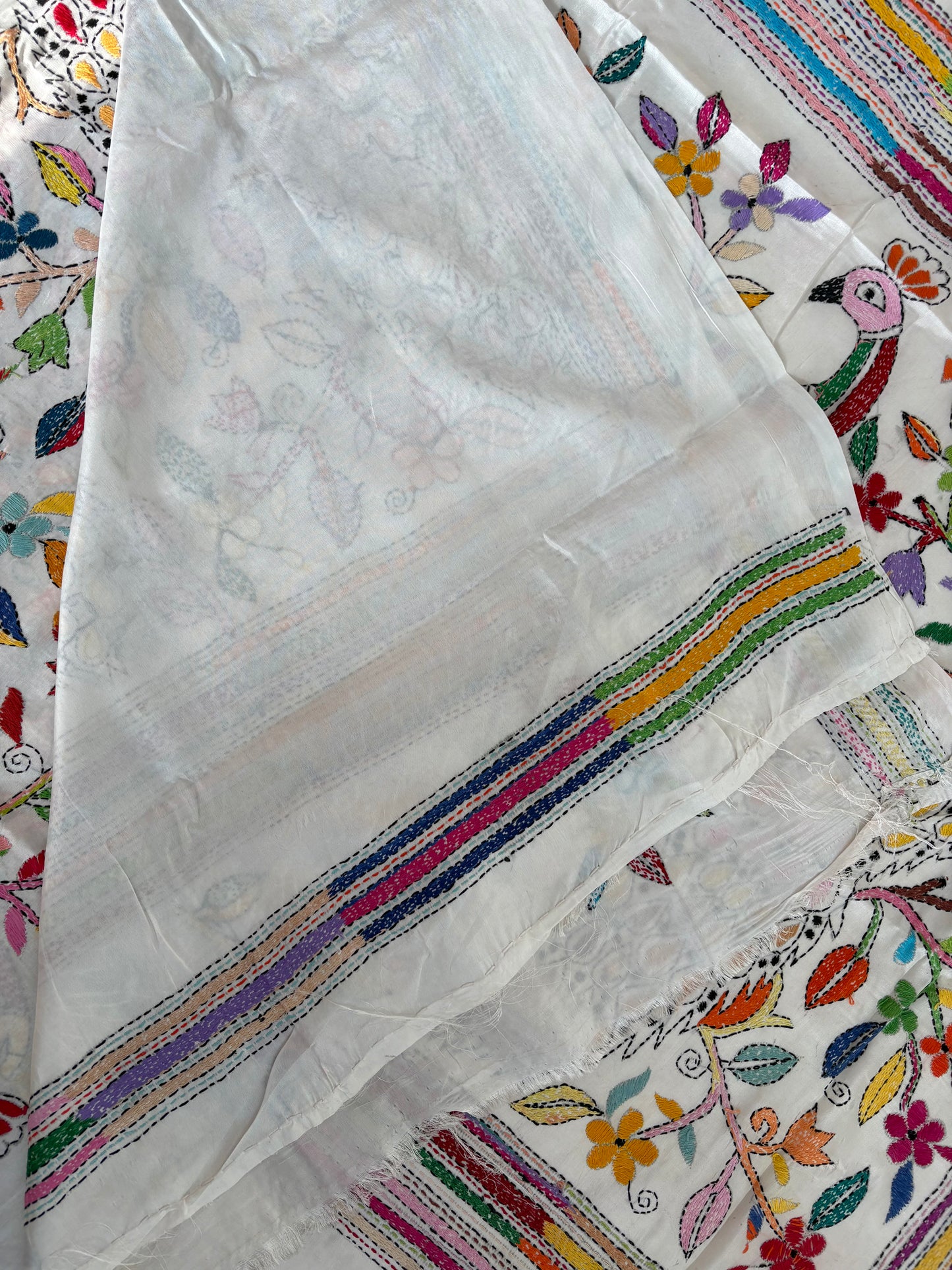 Kantha Hand Embroidered Blended Banglore Silk/Art Silk Saree With Blouse