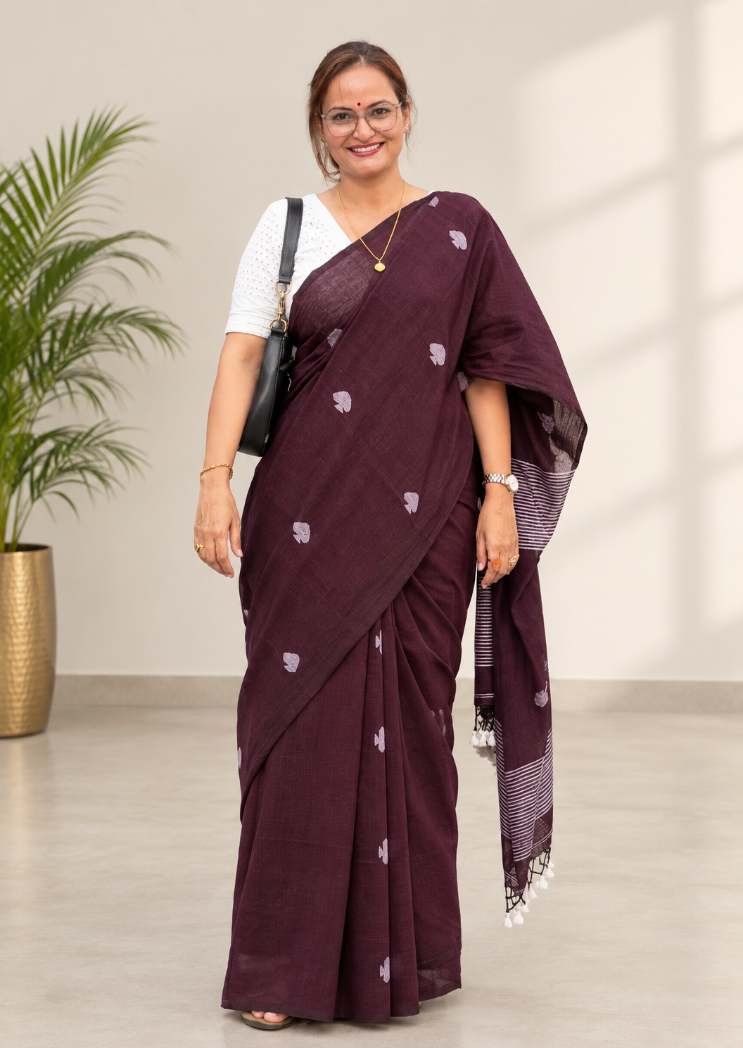 Hand woven Pure Mul Cotton Saree (Handloom Marked) - Wine
