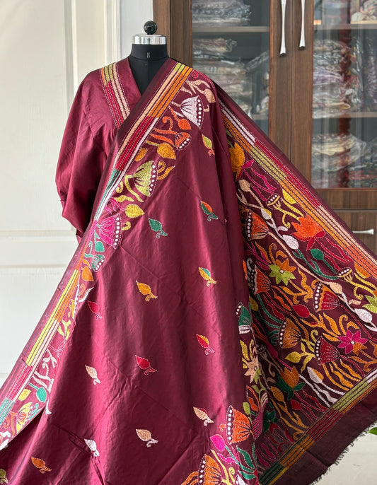 Kantha Stitch Hand Embroidered Pure Banglore Silk Saree (Silk Marked)