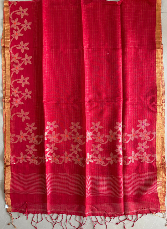 Handloom woven pure Linen By Linen Lata Saree – Red (Handloom Marked)