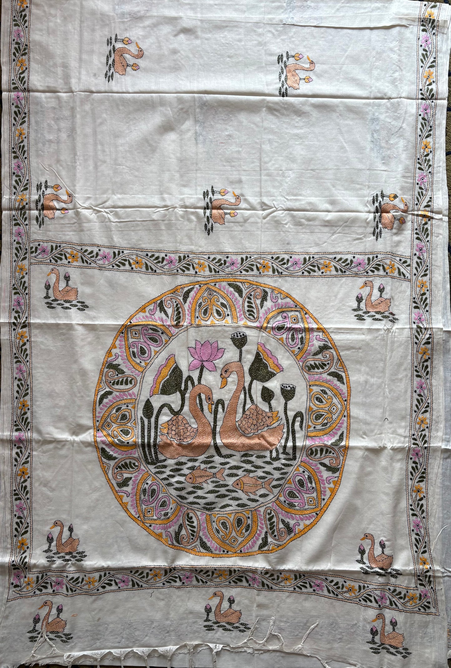 Kantha stitch Khadi Cotton Saree - Off white