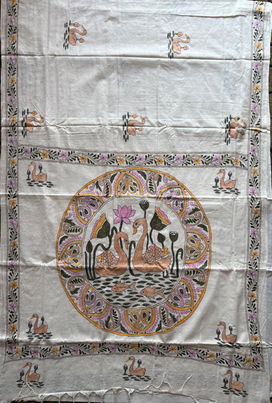Kantha stitch Khadi Cotton Saree - Off white