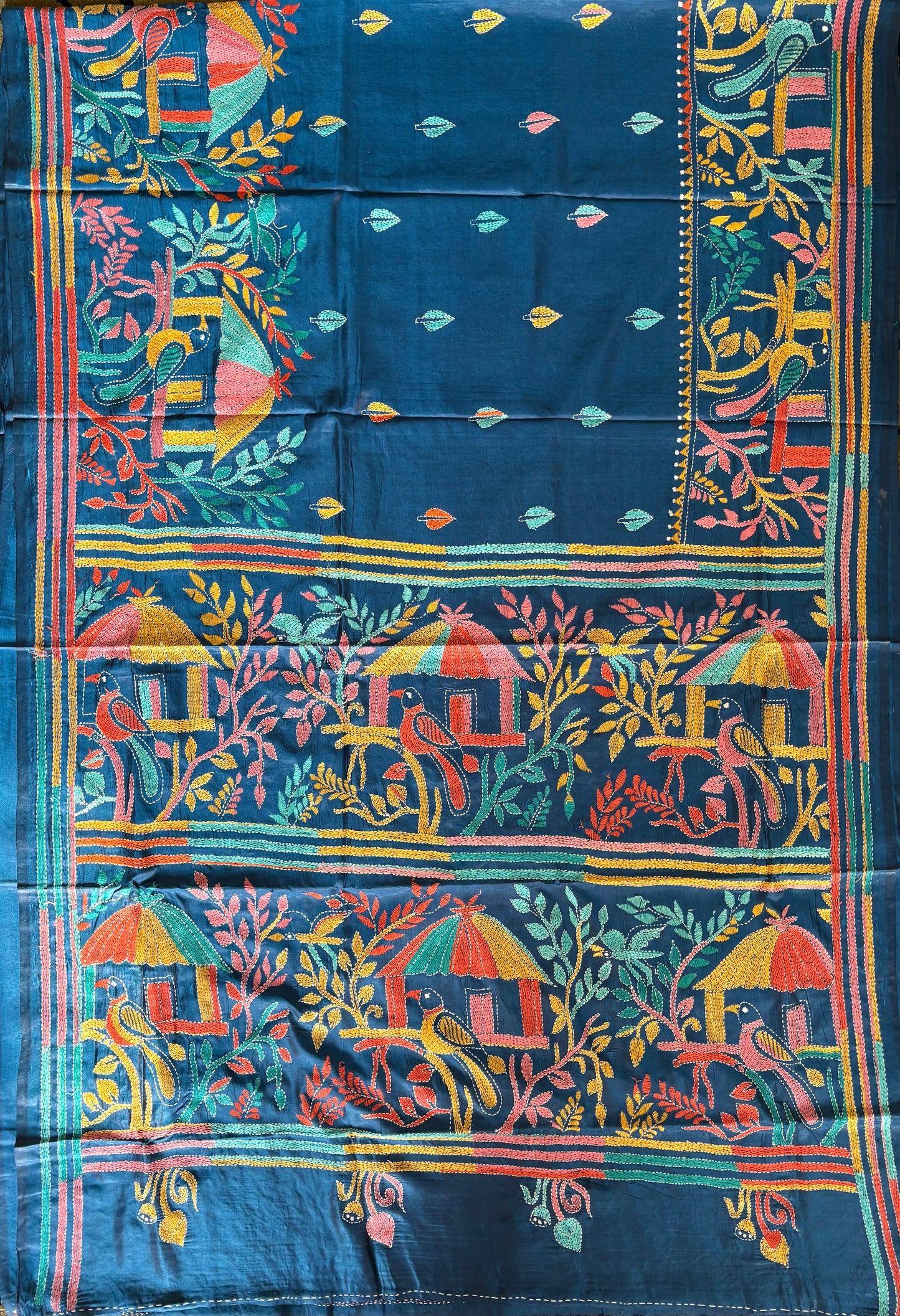 Kantha Stitch Hand Embroidered Art Silk Saree With Blouse