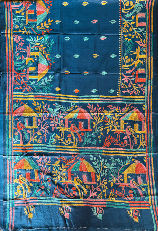 Kantha Stitch Hand Embroidered Art Silk Saree With Blouse