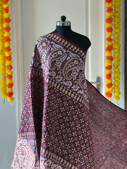 Kantha Hand Embroidary Full Work Pure Banglore Silk Dupatta. (With Silk Mark)