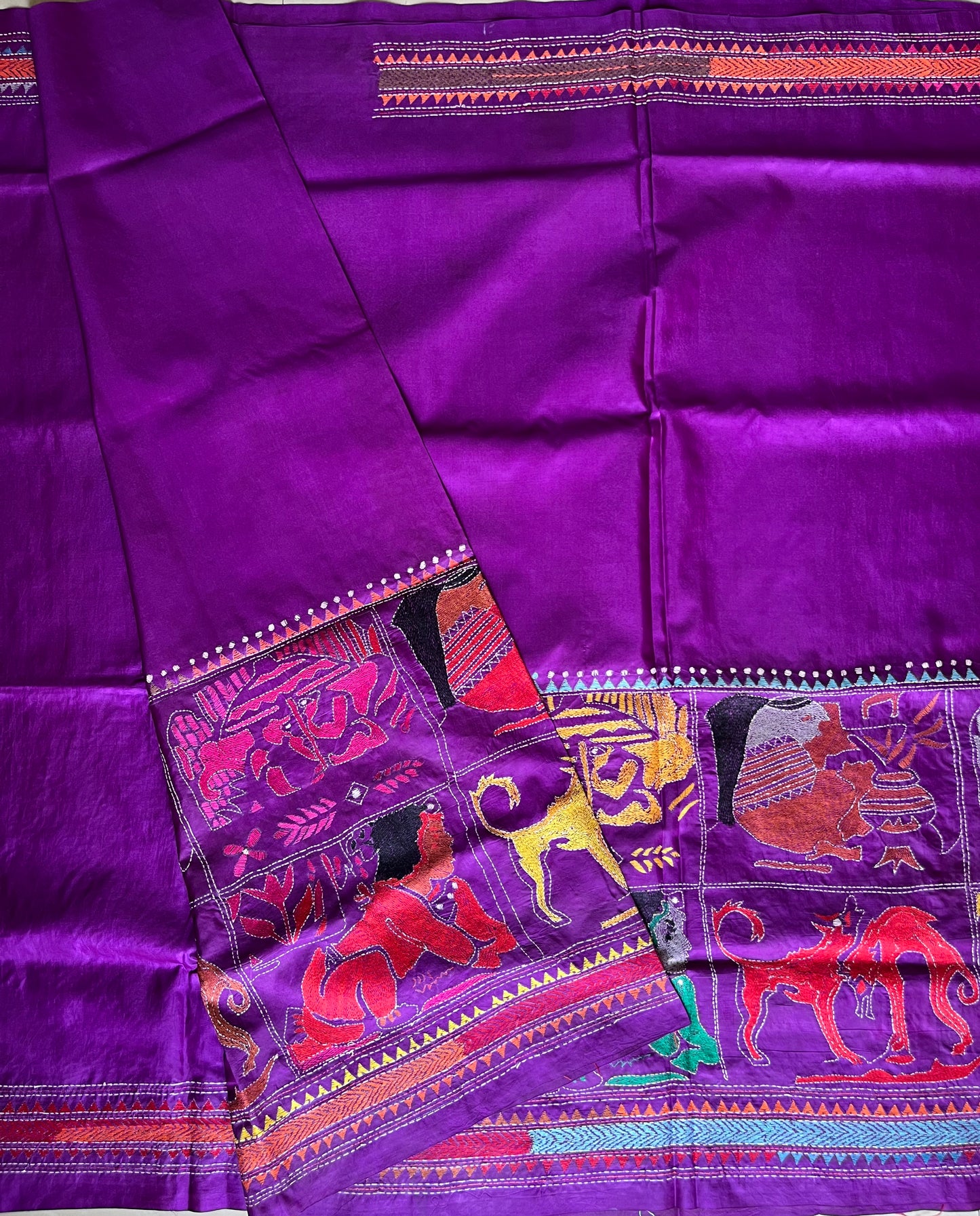 Purple Kantha Hand Embroidary Pure Banglore Silk Saree