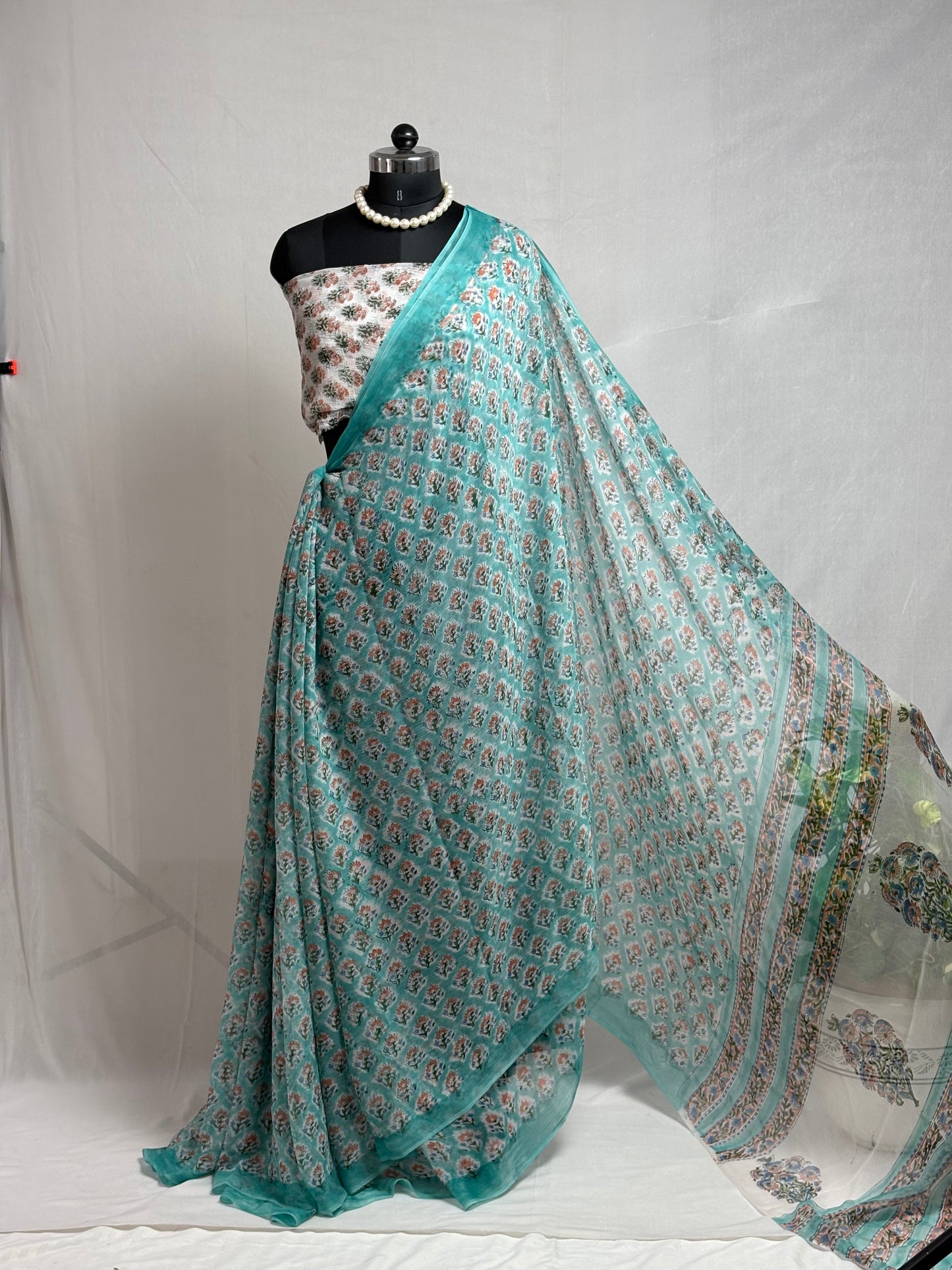 Hand Block Print Saree | Pure Chiffon | Sea Green