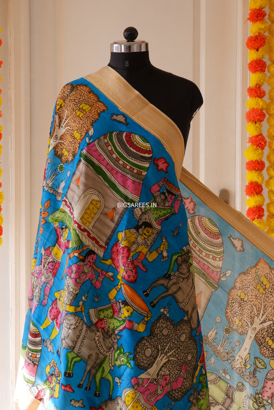 Pen Kalamkari hand painted Banglore Silk Dupatta