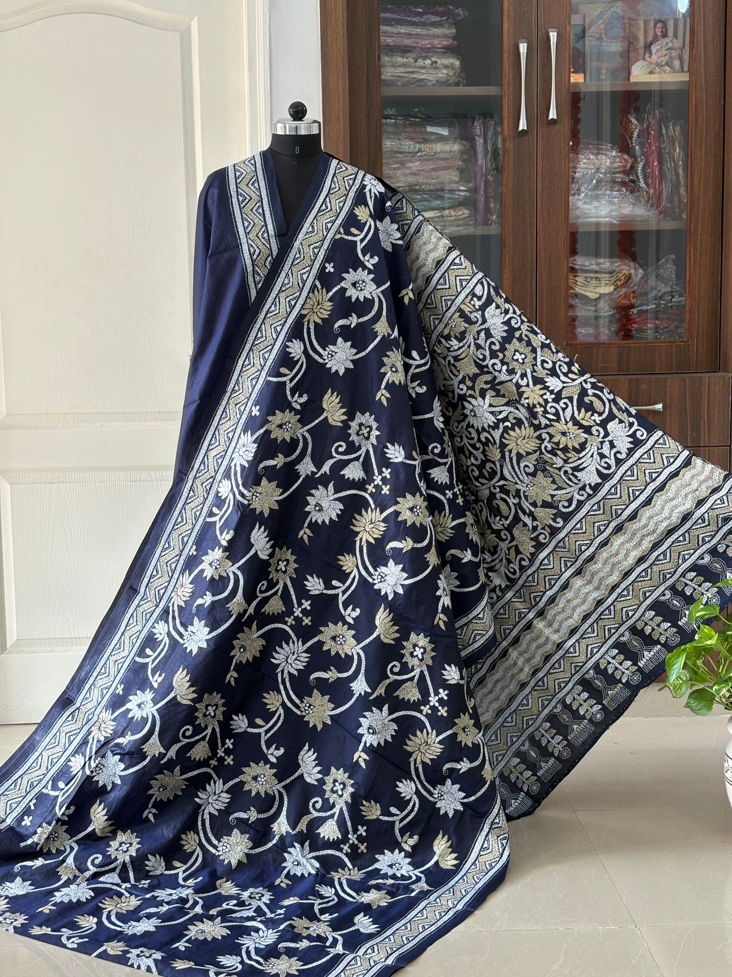 Kantha Hand Embroidered Pure Banglore Silk Saree (Silk Marked)