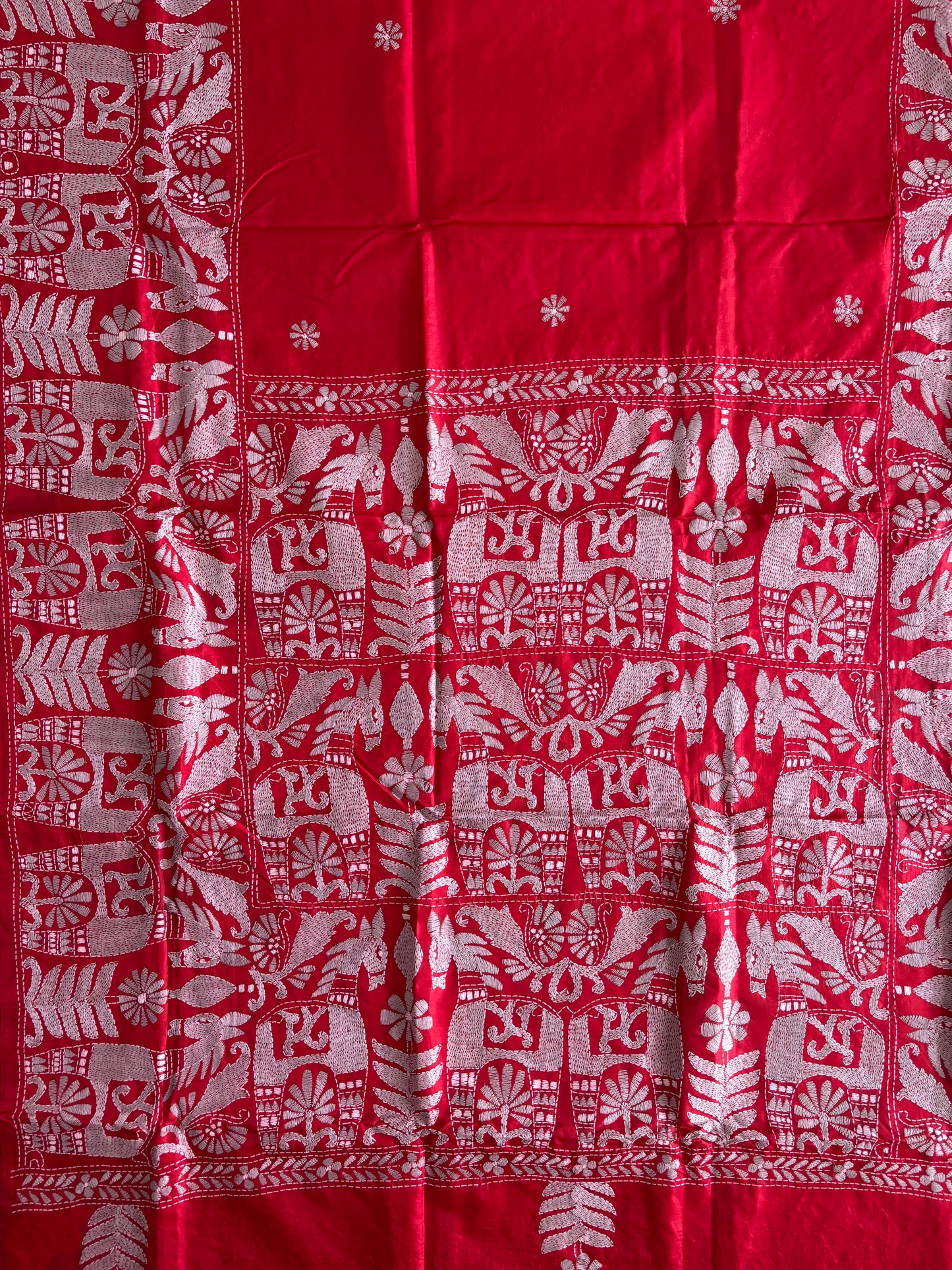 Kantha Stitch Hand Embroidered Pure Banglore Silk Saree (Silk Marked)