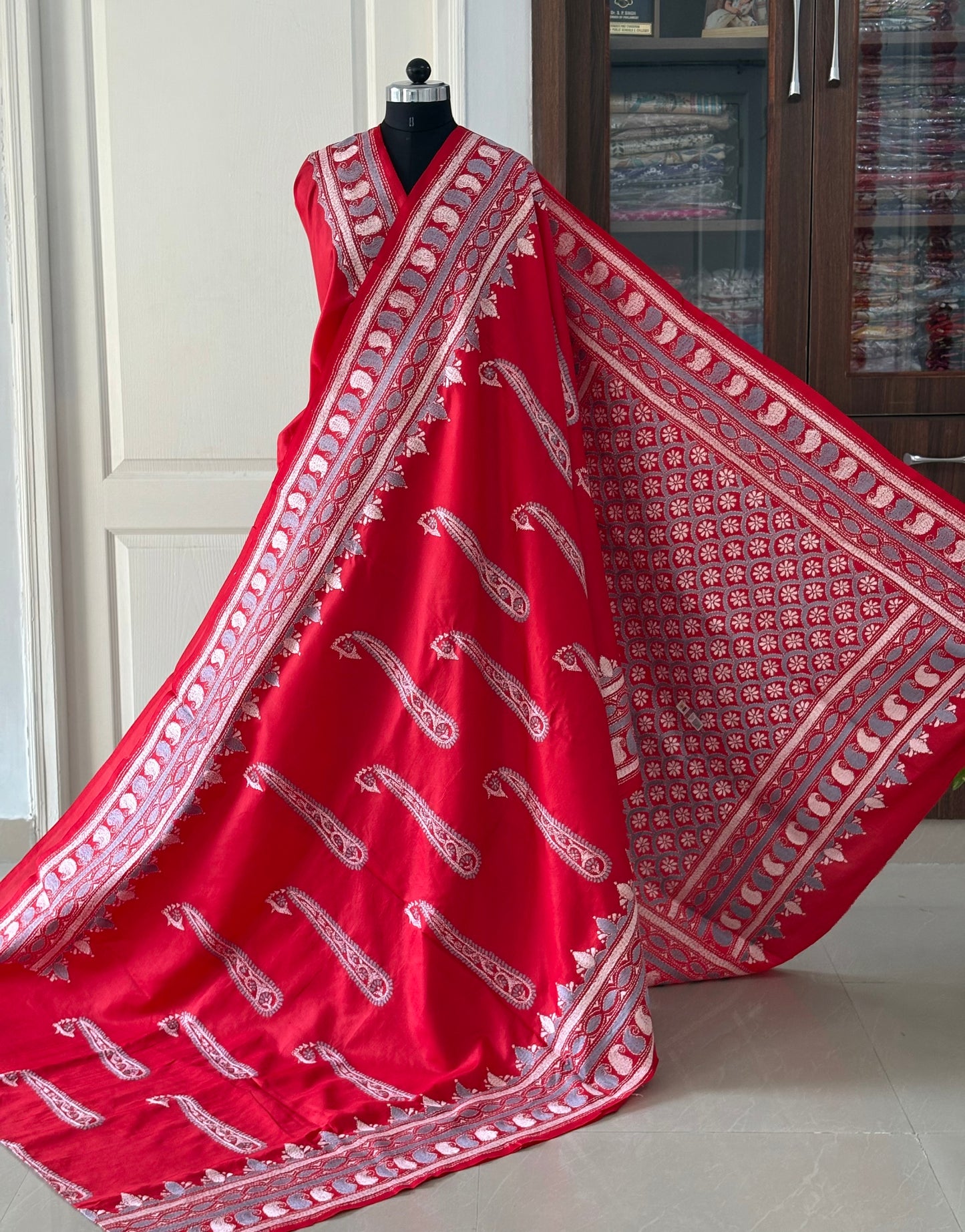 Red Kantha Stitch Hand Embroidered Pure Banglore Silk Saree (Silk Marked)
