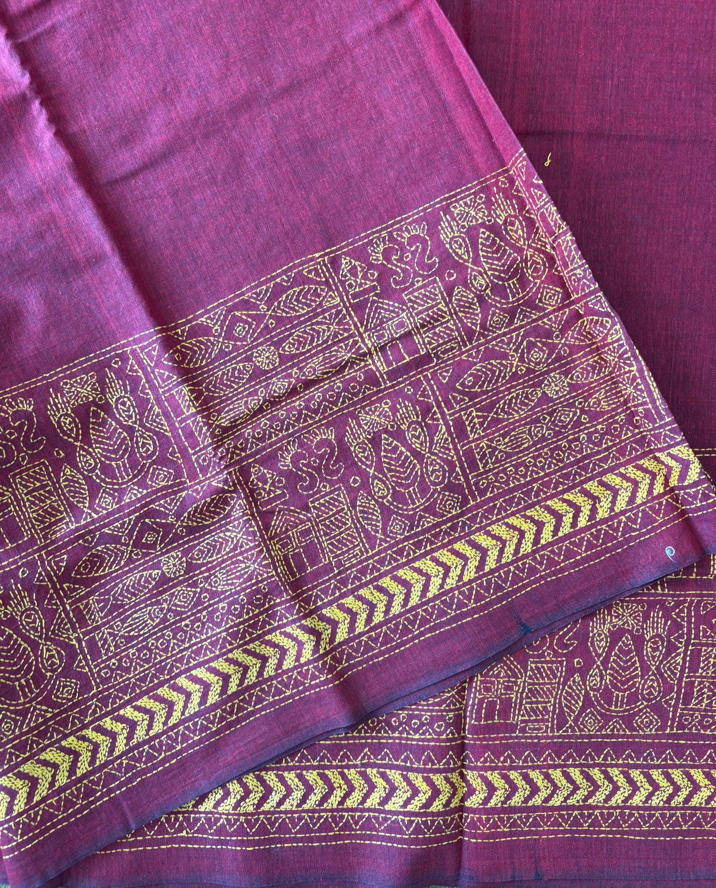 Kantha stitch Khadi Cotton Saree - Maroon