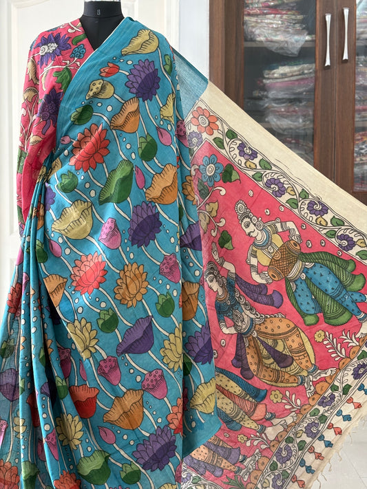 Pen Kalamkari hand painted pure cotton Saree with blouse