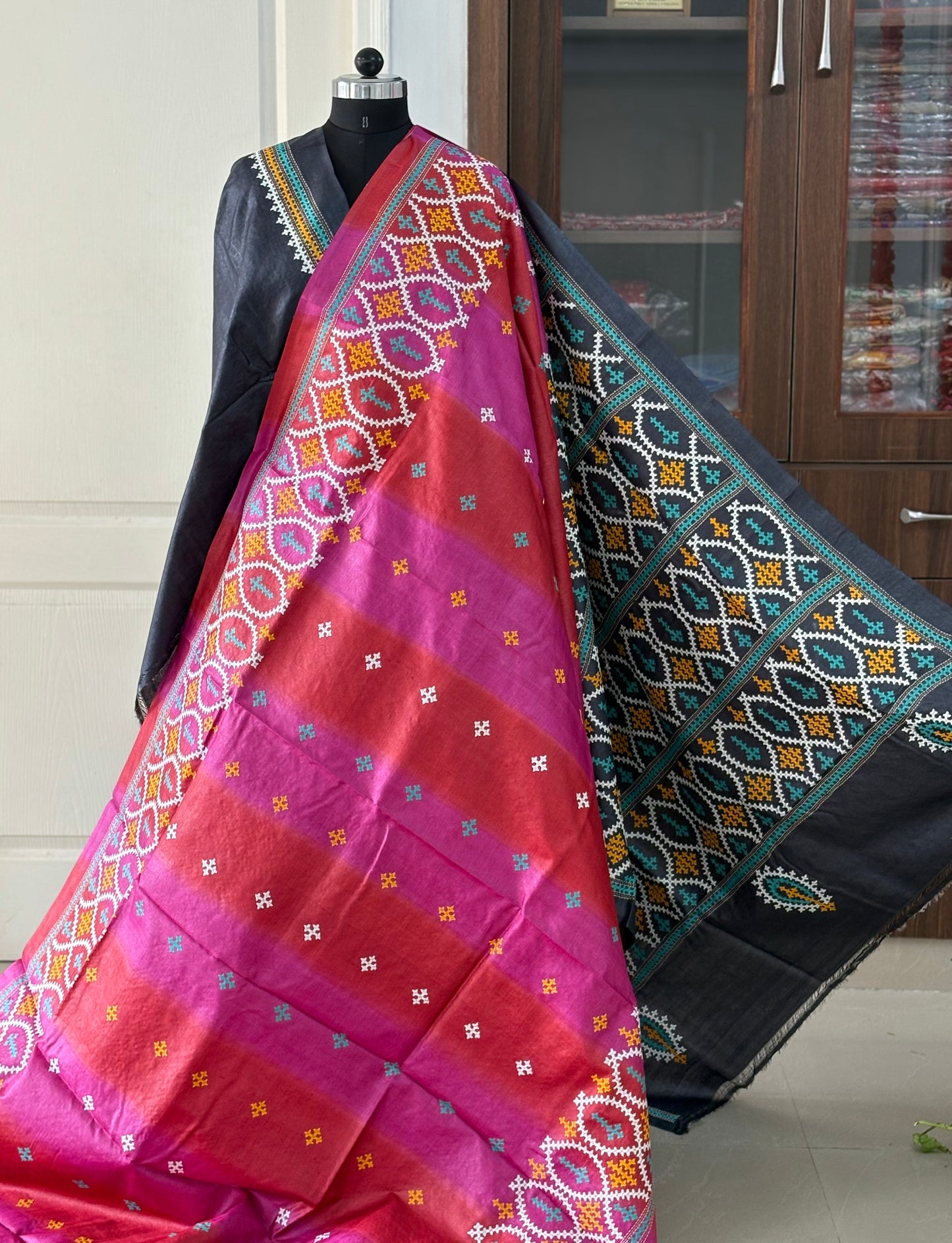 Kutch work/Gujrati stitch Hand Embroidered Pure Tassar Silk Saree