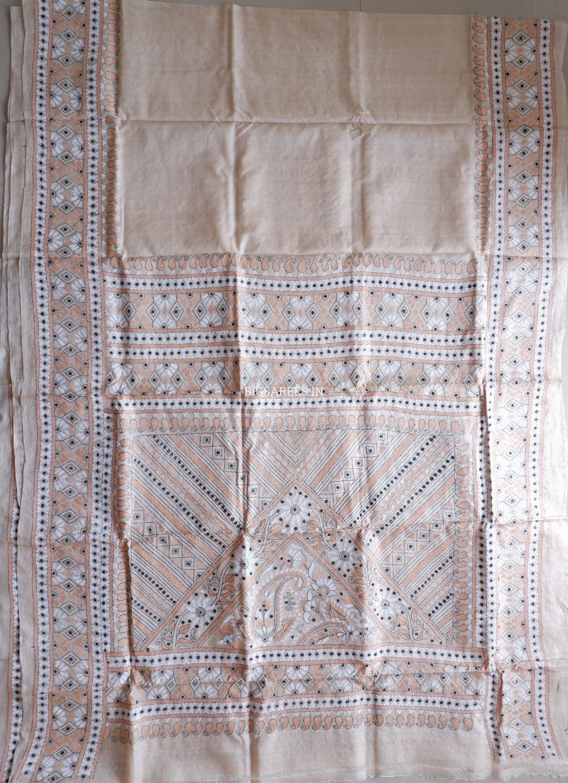 Kantha Stitch Hand Embroidered Saree | Pure Gachi Tussar Silk | Silk Mark Certified | Beige