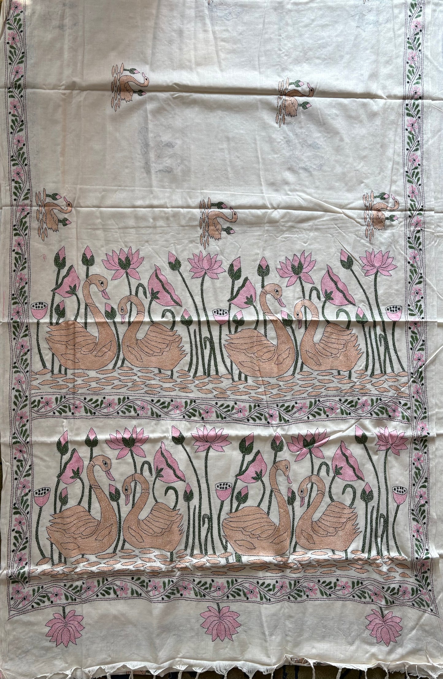 Kantha stitch Khadi Cotton Saree - Off white