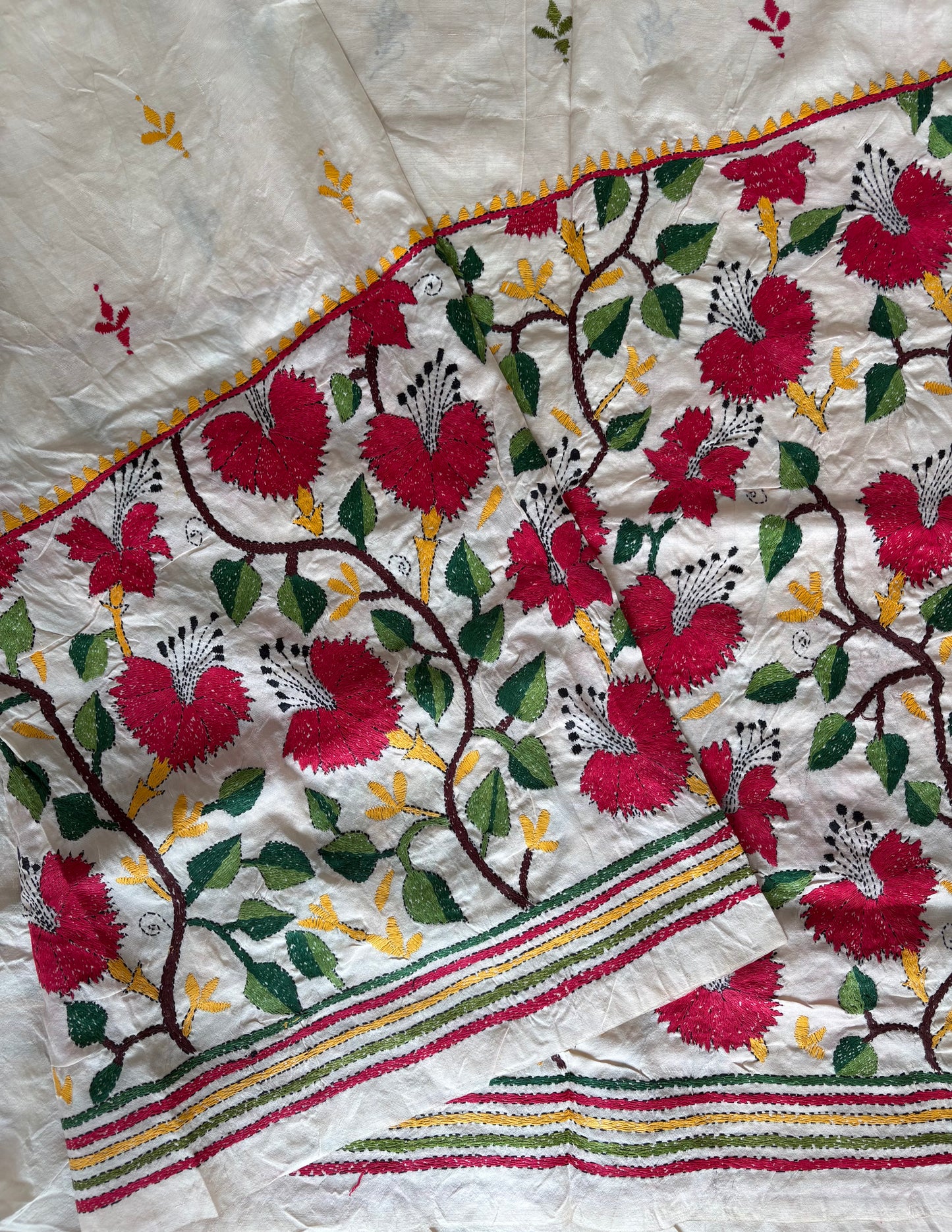 Off White Kantha Hand Embroidered Tussar Silk Saree