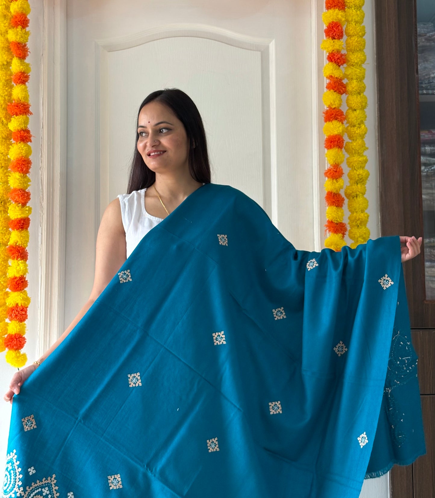 Gujrati Stitch Hand Embroidered Woollen Warm Shawl