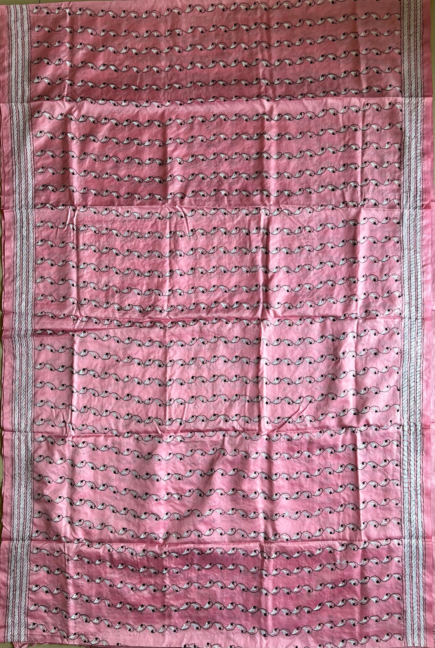 Pink Kantha Stitch Hand Work Embroidered Art Silk Saree With Blouse