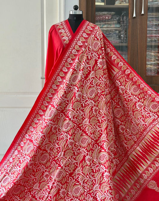 Red Kantha Stitch Saree on Pure Bangalore Silk (Silk Marked)