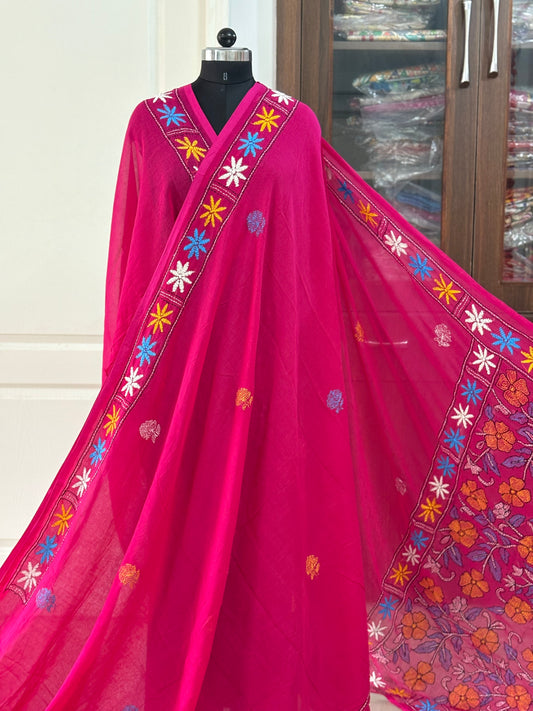 Kantha stitch Hand Embroidered Pure mul Cotton Saree