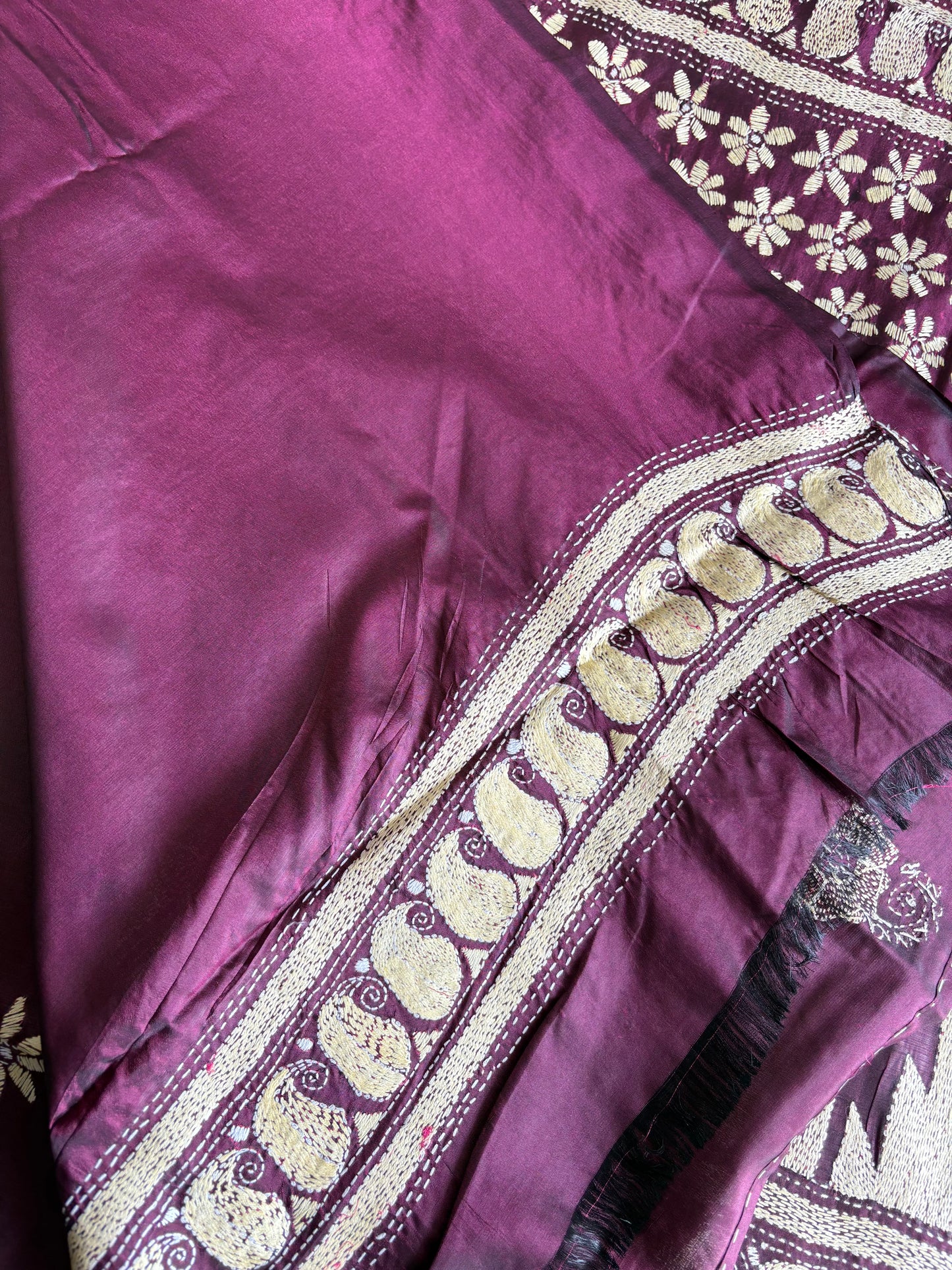 Kantha Stitch Hand Embroidered Saree| Blended Bangalore Silk / Art Silk | Purple