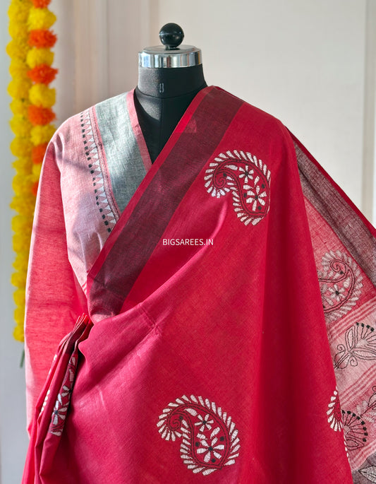 Red Kantha Hand Embroidered Pure Cotton Saree