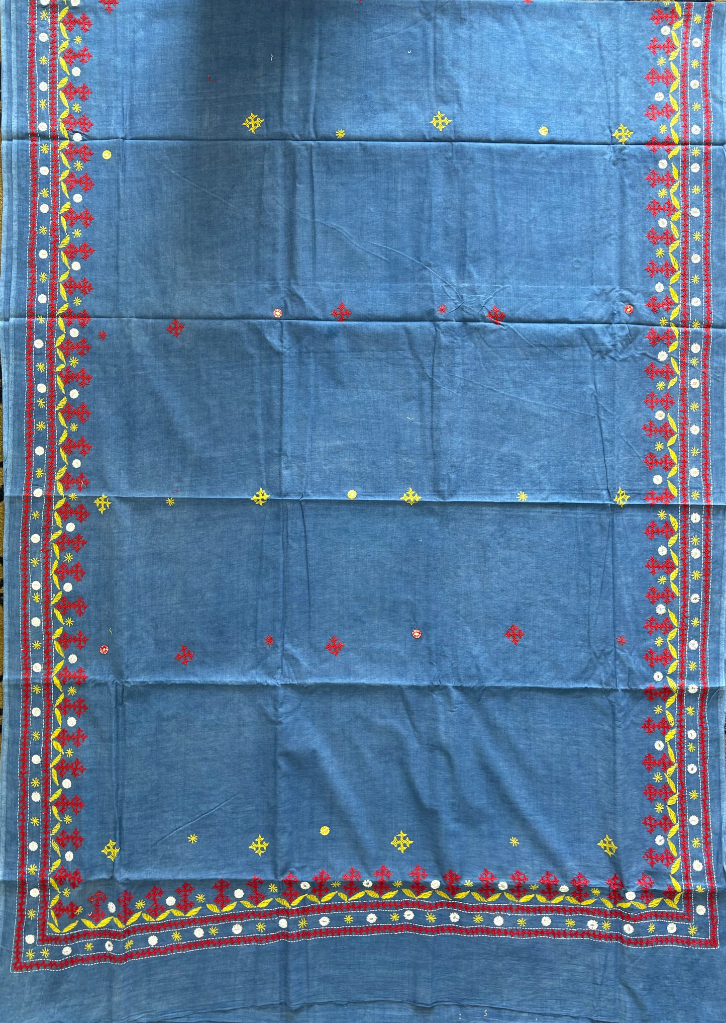 Gujrati Stitch/Kutchi Hand Embroidered malmal Cotton Saree - Blue