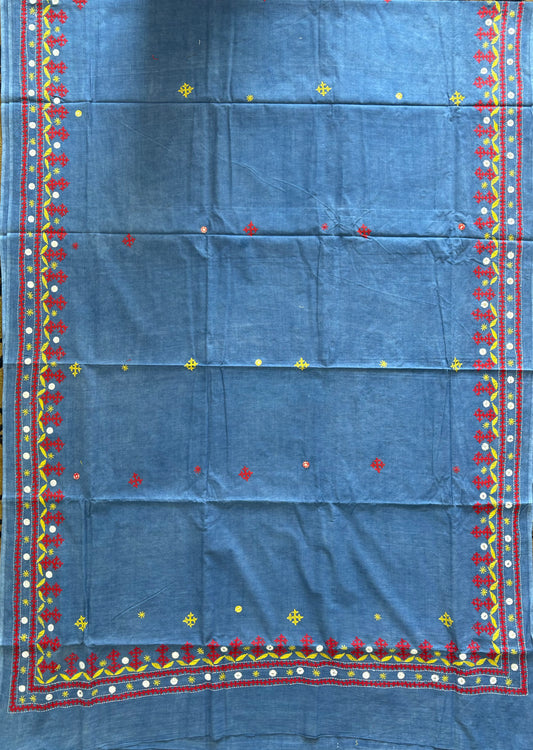 Gujrati Stitch/Kutchi Hand Embroidered malmal Cotton Saree - Blue